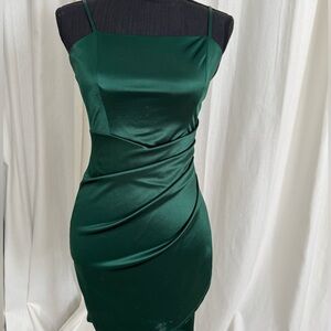 Emerald Sundae Deep Emerald Satin Ruched Mini Dress